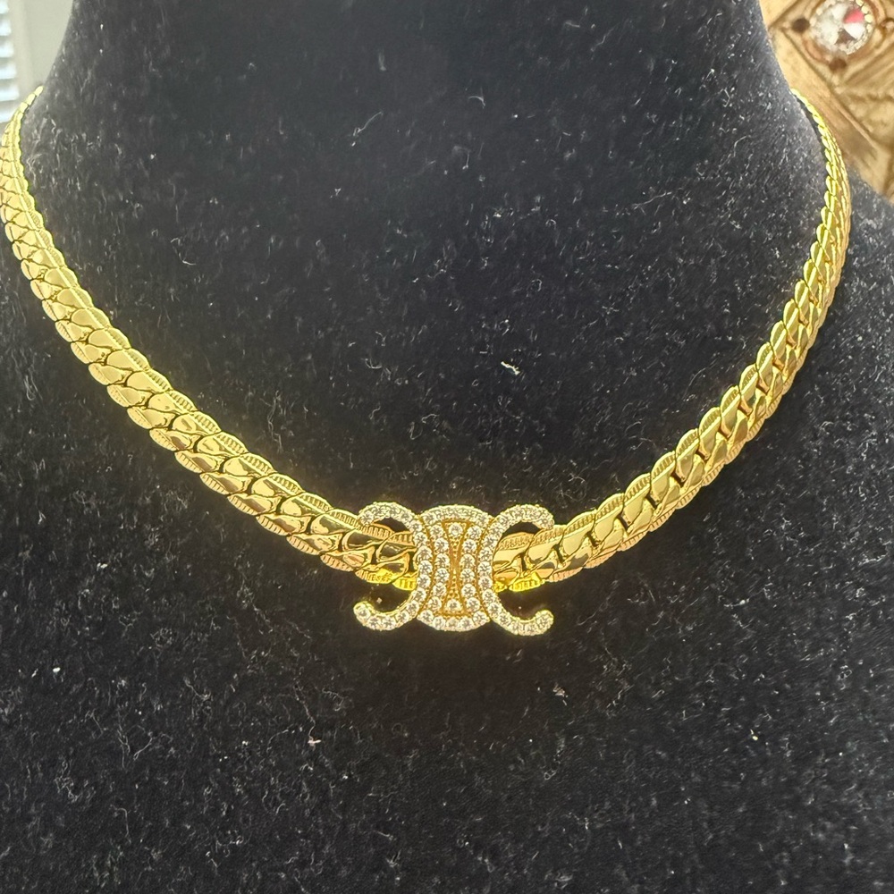 PRELOVED Celine Elegant Gold Necklace with Crystal Accents chain replaced - Picture 2 of 4